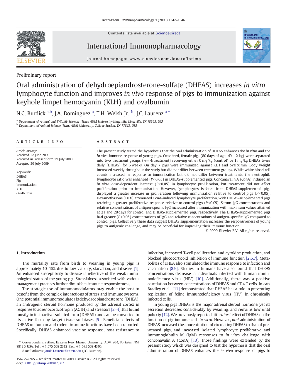 Oral administration of dehydroepiandrosterone-sulfate (DHEAS) increases in vitro lymphocyte function and improves in vivo response of pigs to immunization against keyhole limpet hemocyanin (KLH) and ovalbumin