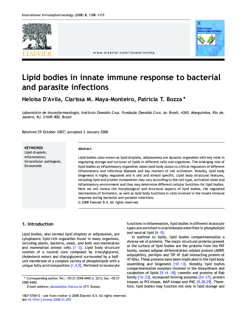 Lipid bodies in innate immune response to bacterial and parasite infections