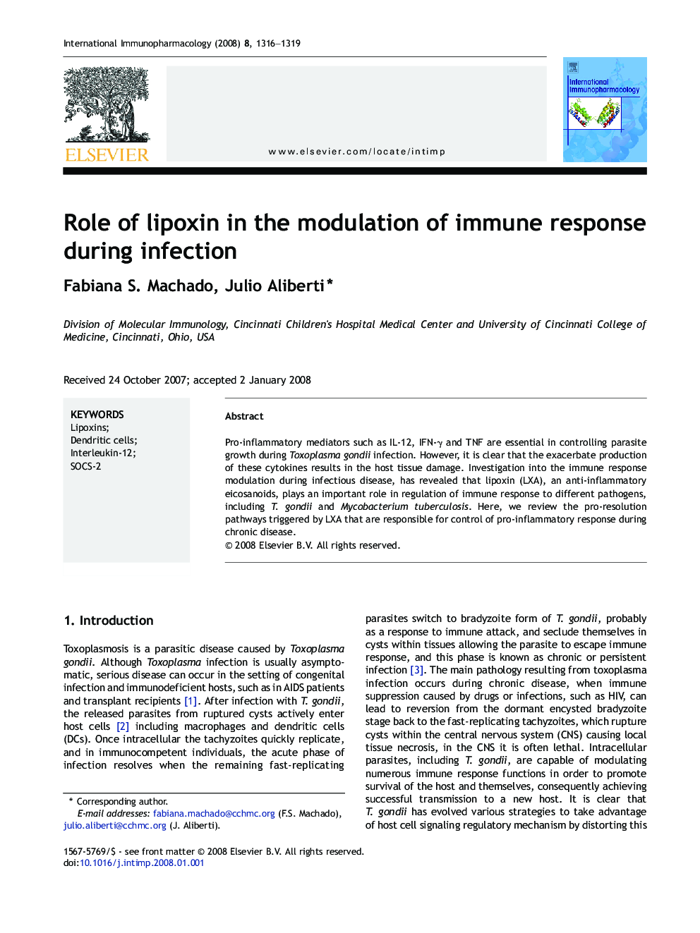 Role of lipoxin in the modulation of immune response during infection