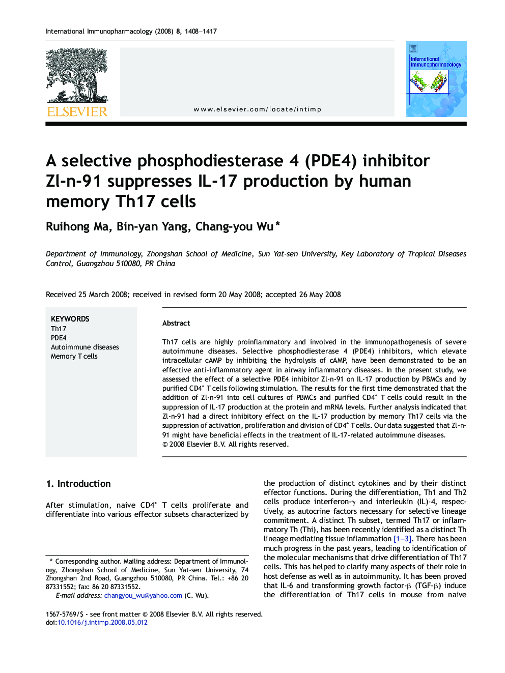 A selective phosphodiesterase 4 (PDE4) inhibitor Zl-n-91 suppresses IL-17 production by human memory Th17 cells