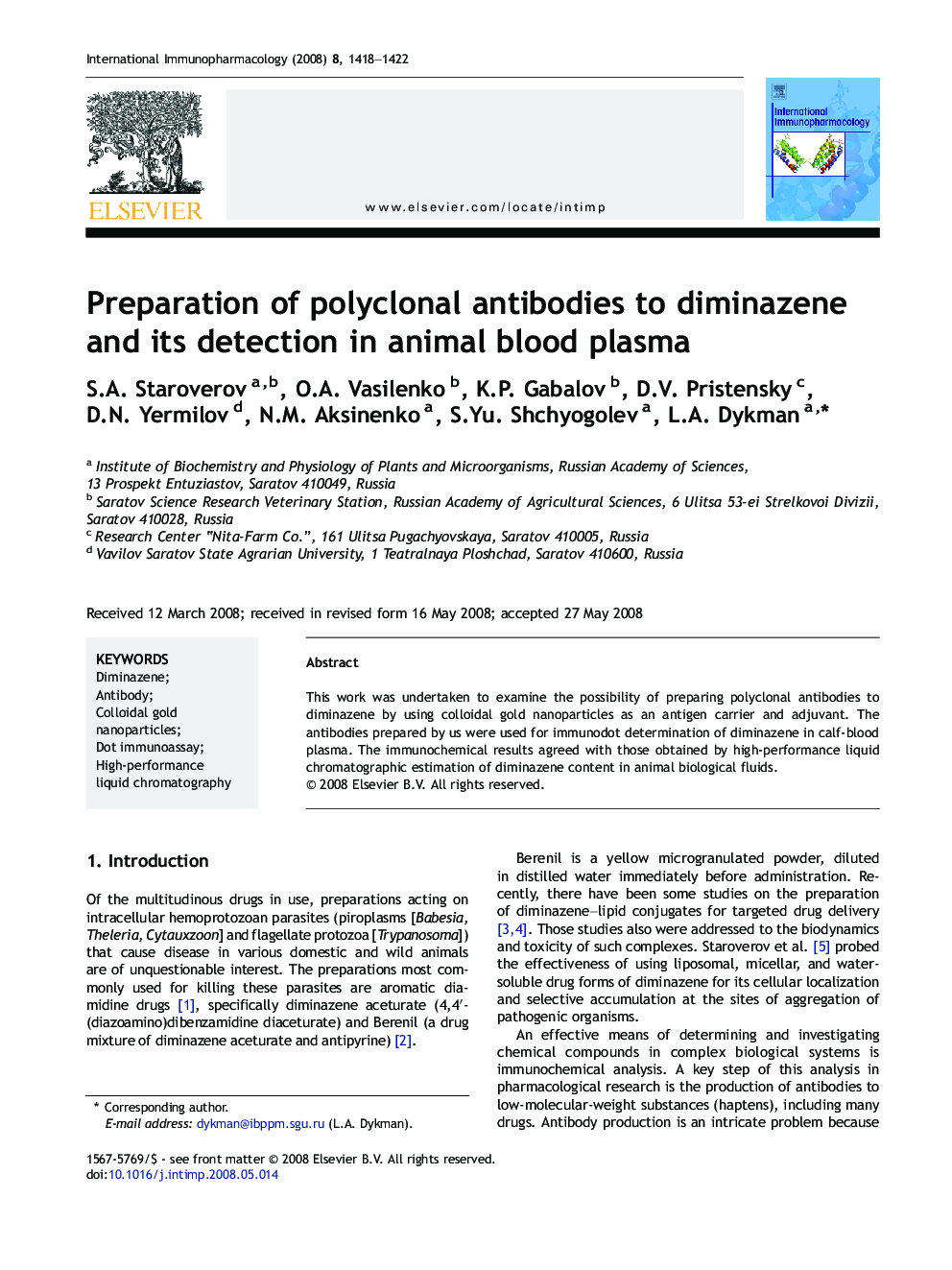 Preparation of polyclonal antibodies to diminazene and its detection in animal blood plasma