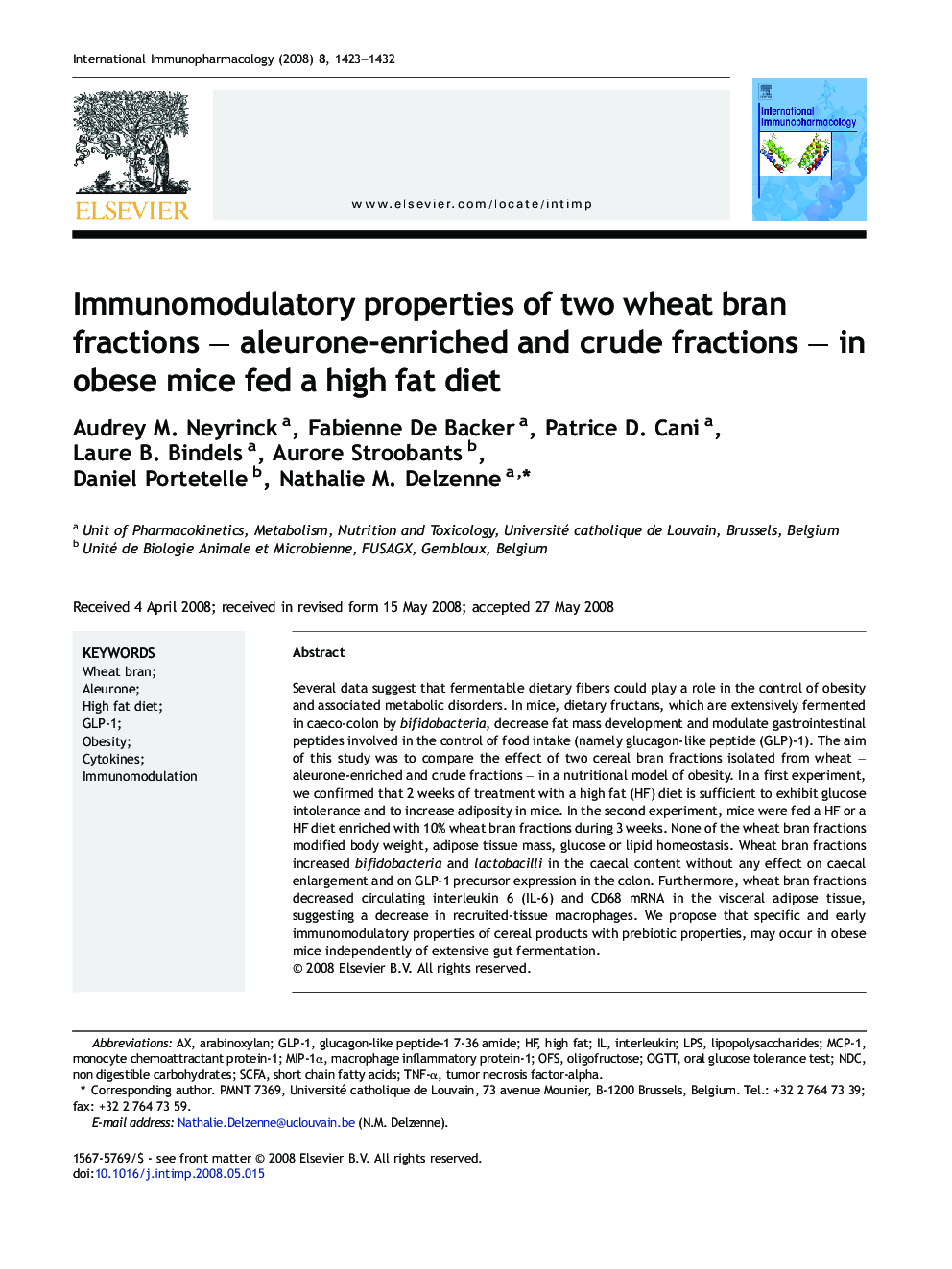 Immunomodulatory properties of two wheat bran fractions – aleurone-enriched and crude fractions – in obese mice fed a high fat diet