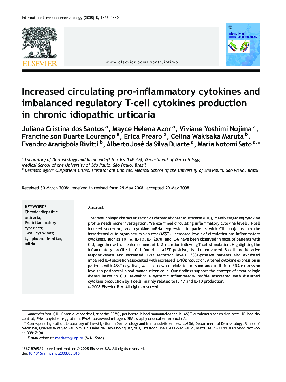 Increased circulating pro-inflammatory cytokines and imbalanced regulatory T-cell cytokines production in chronic idiopathic urticaria