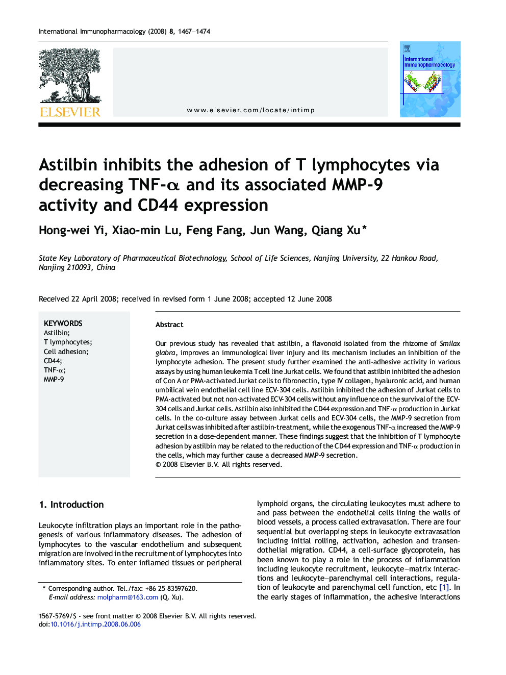 Astilbin inhibits the adhesion of T lymphocytes via decreasing TNF-α and its associated MMP-9 activity and CD44 expression