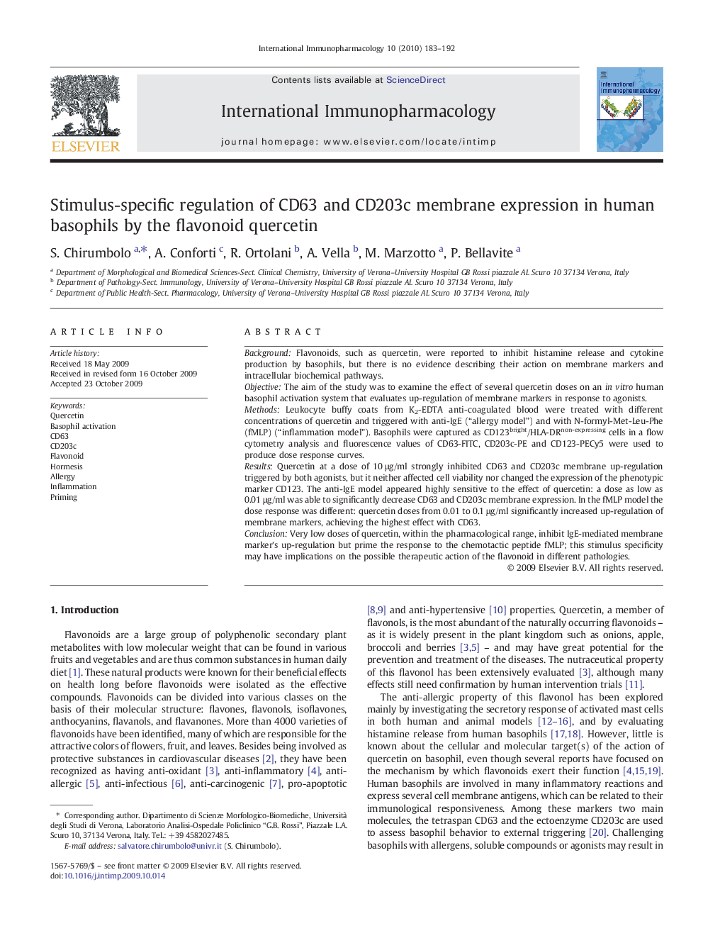 Stimulus-specific regulation of CD63 and CD203c membrane expression in human basophils by the flavonoid quercetin