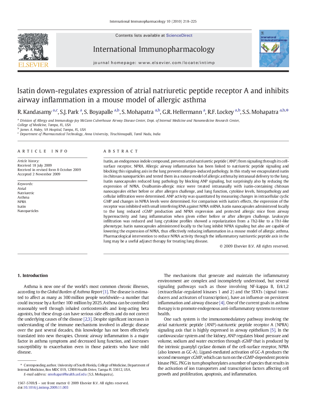 Isatin down-regulates expression of atrial natriuretic peptide receptor A and inhibits airway inflammation in a mouse model of allergic asthma