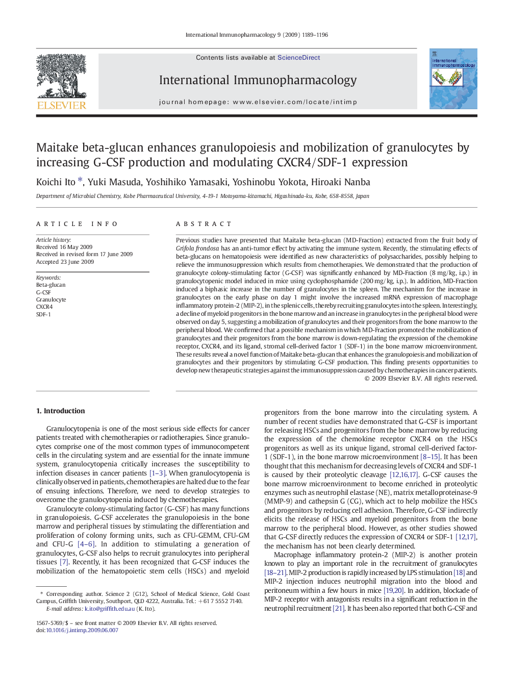 Maitake beta-glucan enhances granulopoiesis and mobilization of granulocytes by increasing G-CSF production and modulating CXCR4/SDF-1 expression