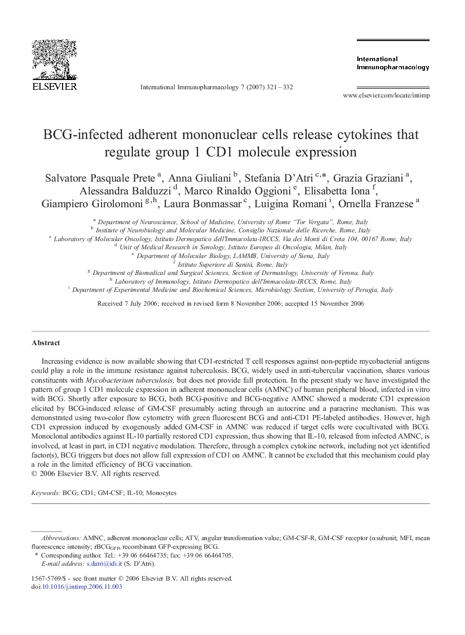 BCG-infected adherent mononuclear cells release cytokines that regulate group 1 CD1 molecule expression