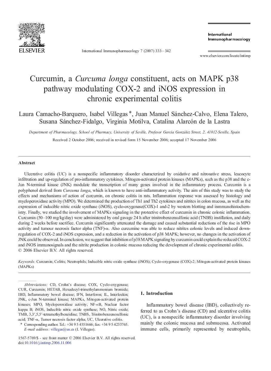 Curcumin, a Curcuma longa constituent, acts on MAPK p38 pathway modulating COX-2 and iNOS expression in chronic experimental colitis