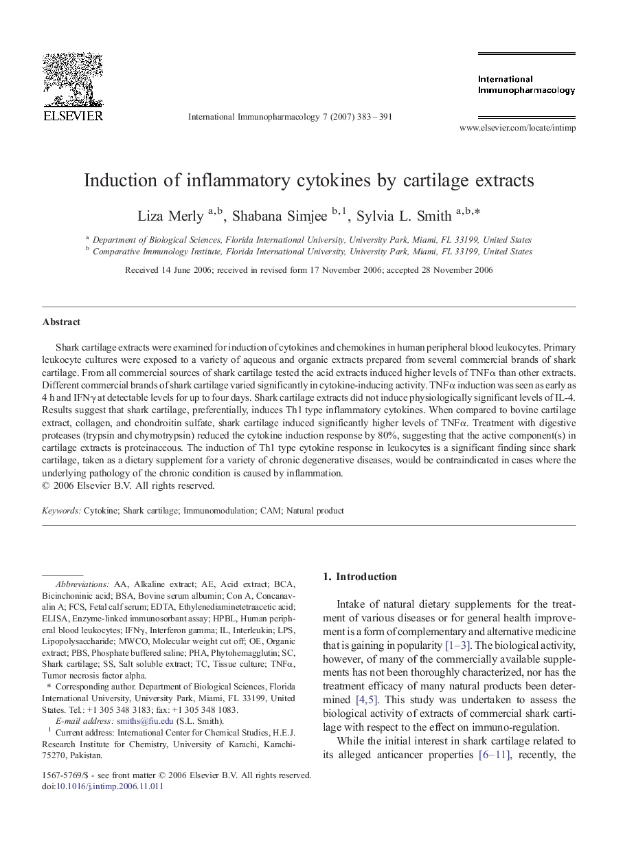 Induction of inflammatory cytokines by cartilage extracts