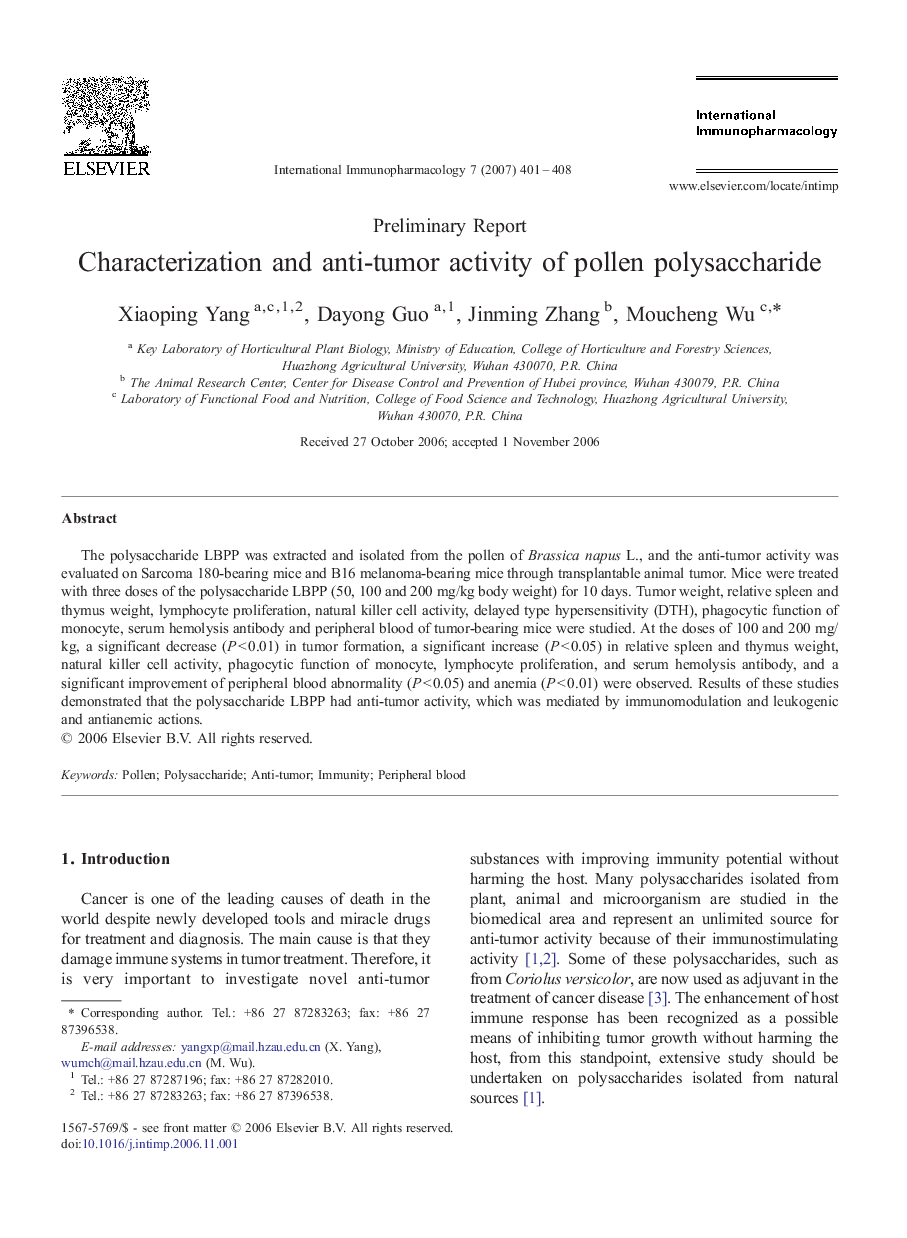 Characterization and anti-tumor activity of pollen polysaccharide