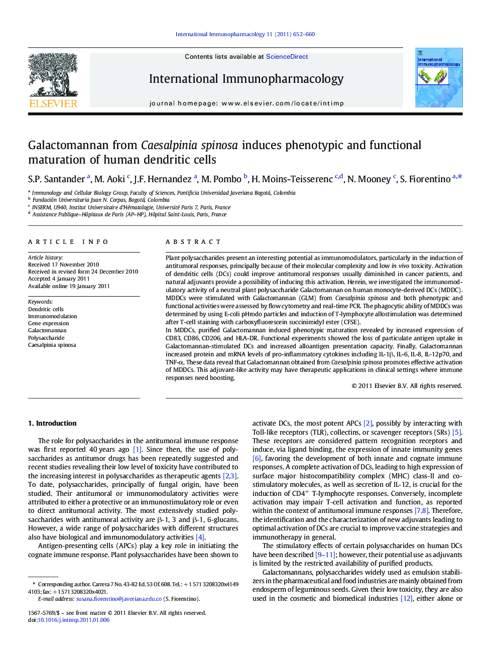 Galactomannan from Caesalpinia spinosa induces phenotypic and functional maturation of human dendritic cells