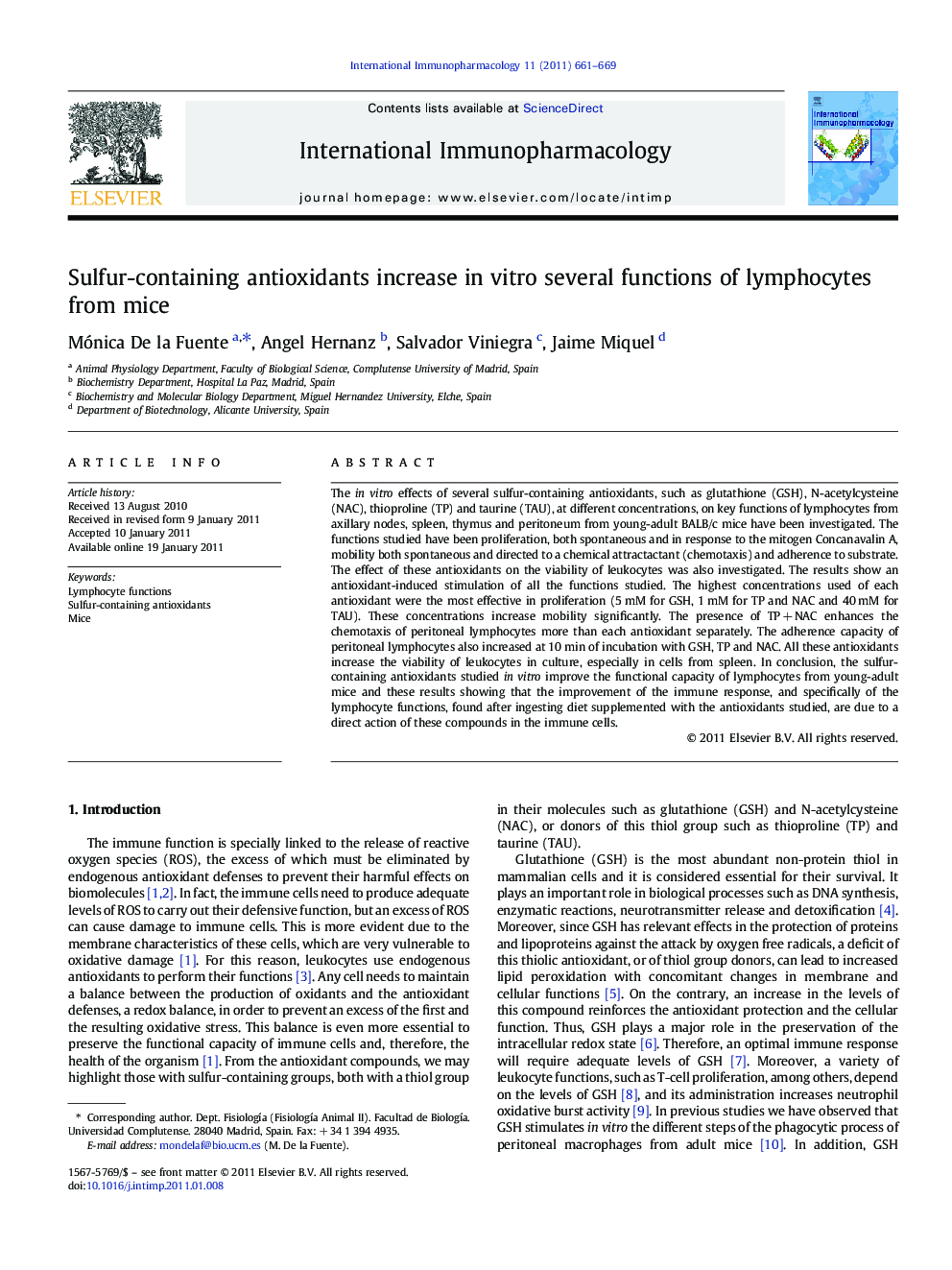 Sulfur-containing antioxidants increase in vitro several functions of lymphocytes from mice