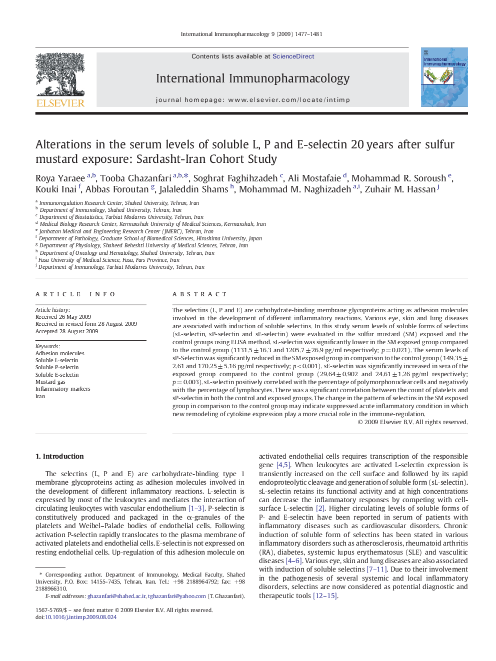 Alterations in the serum levels of soluble L, P and E-selectin 20 years after sulfur mustard exposure: Sardasht-Iran Cohort Study