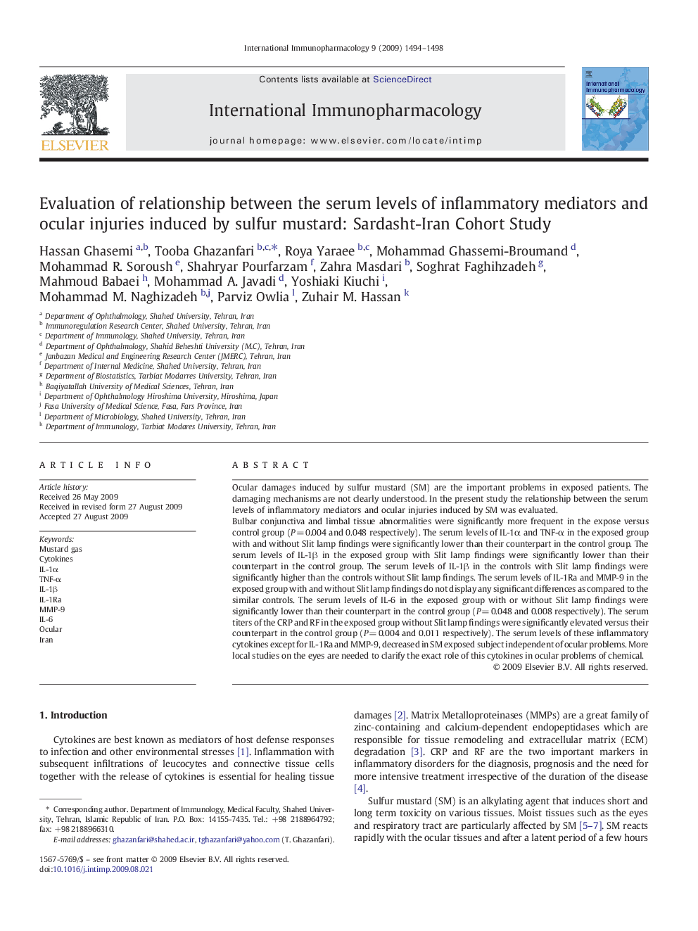 Evaluation of relationship between the serum levels of inflammatory mediators and ocular injuries induced by sulfur mustard: Sardasht-Iran Cohort Study