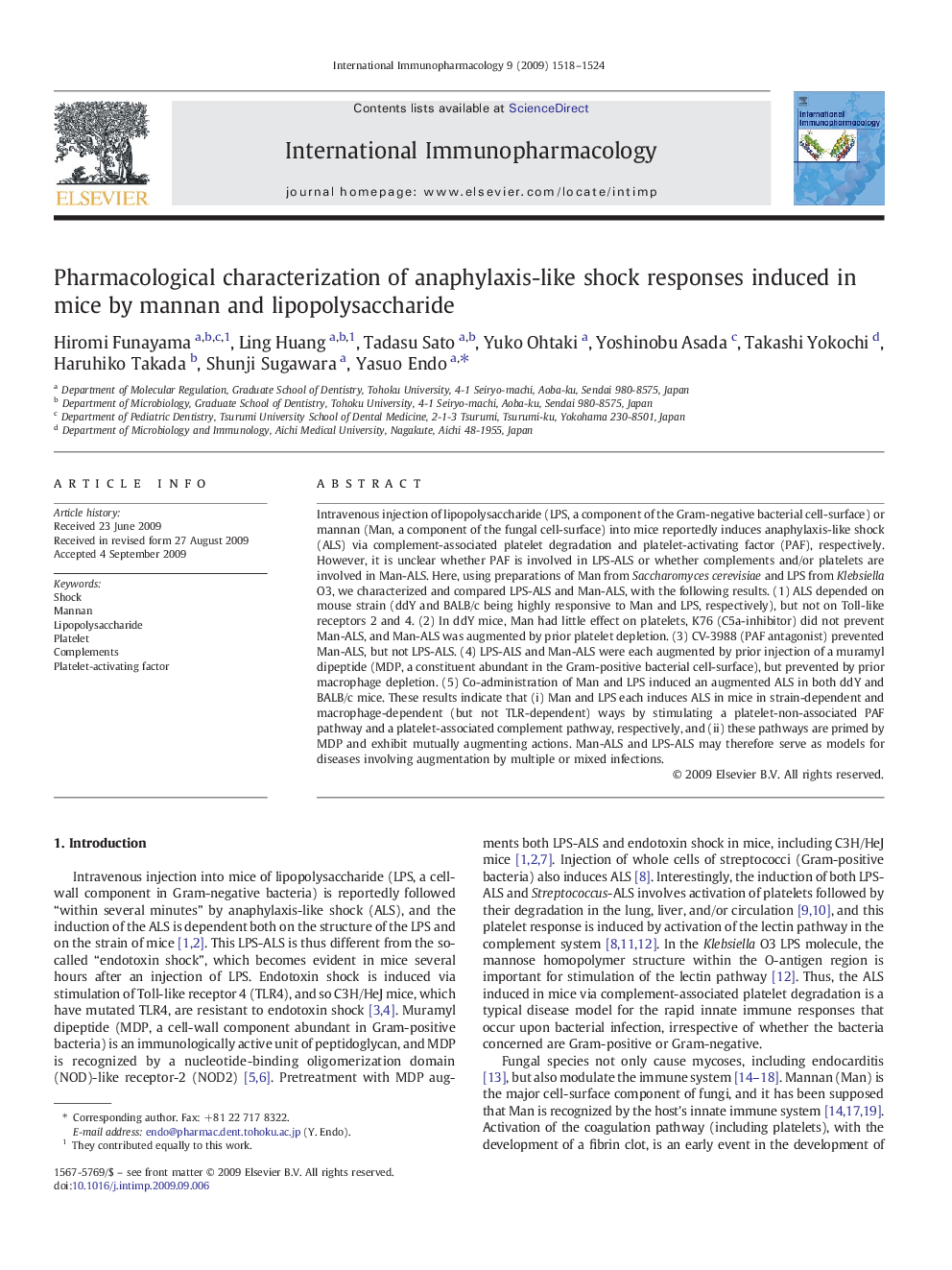 Pharmacological characterization of anaphylaxis-like shock responses induced in mice by mannan and lipopolysaccharide