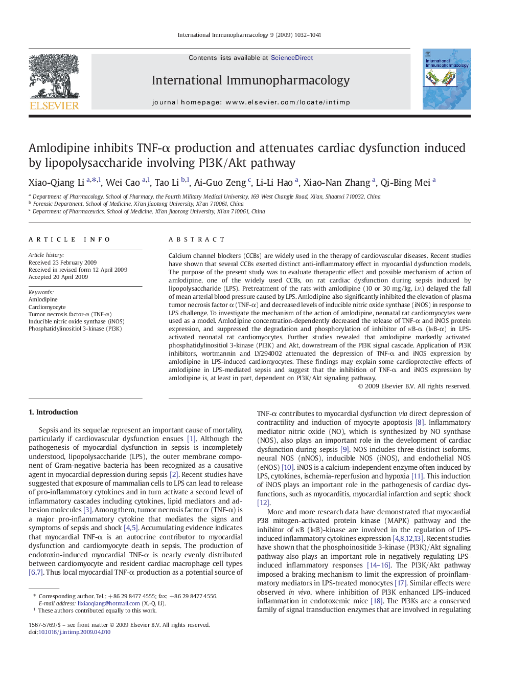 Amlodipine inhibits TNF-α production and attenuates cardiac dysfunction induced by lipopolysaccharide involving PI3K/Akt pathway