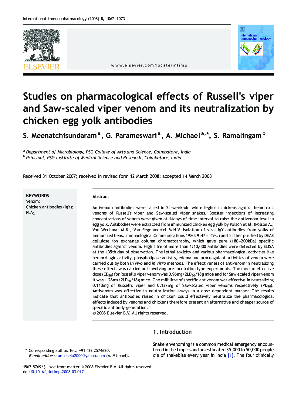 Studies on pharmacological effects of Russell's viper and Saw-scaled viper venom and its neutralization by chicken egg yolk antibodies