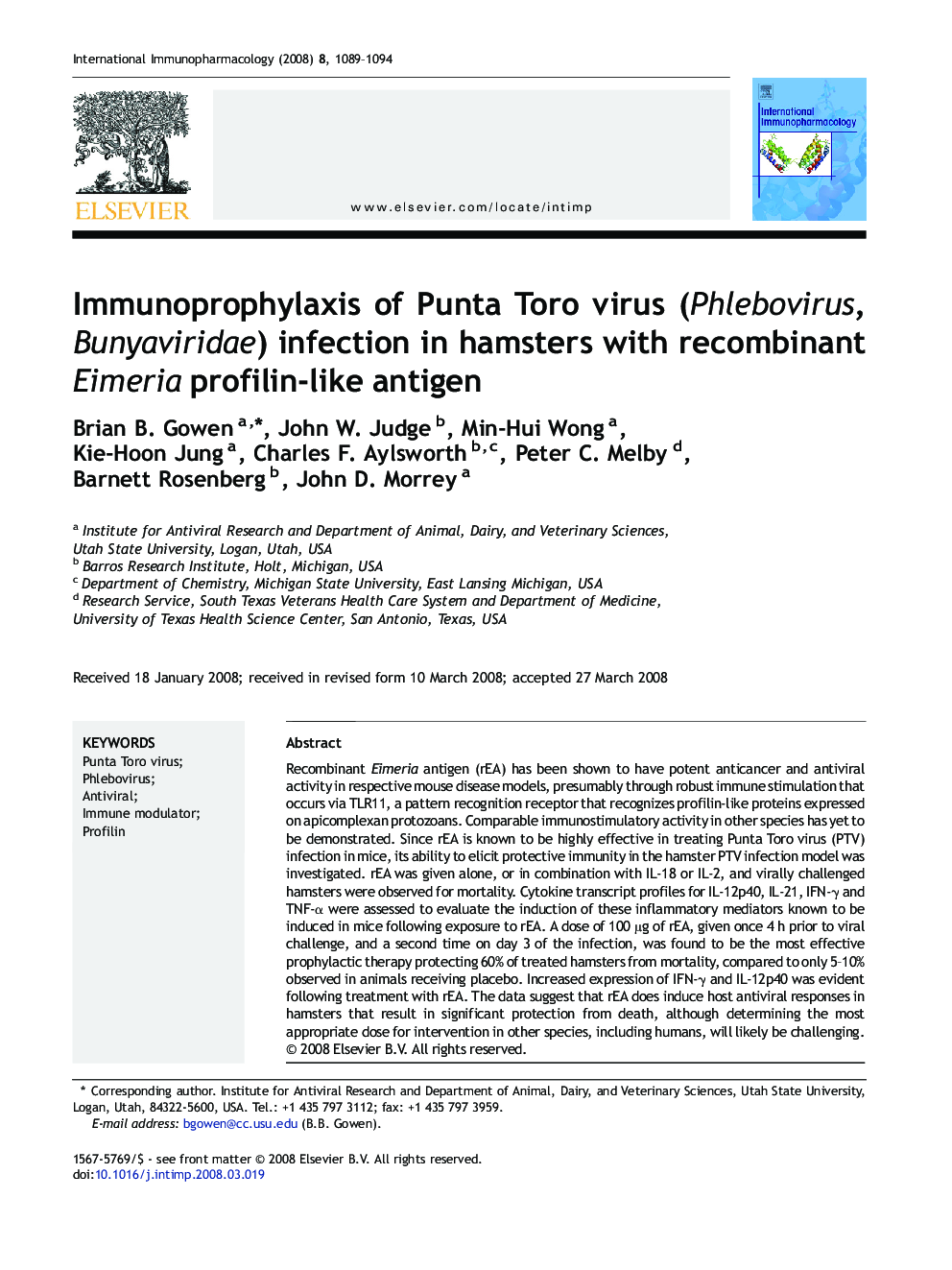 Immunoprophylaxis of Punta Toro virus (Phlebovirus, Bunyaviridae) infection in hamsters with recombinant Eimeria profilin-like antigen