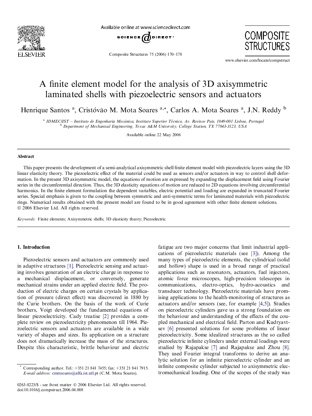 A finite element model for the analysis of 3D axisymmetric laminated shells with piezoelectric sensors and actuators