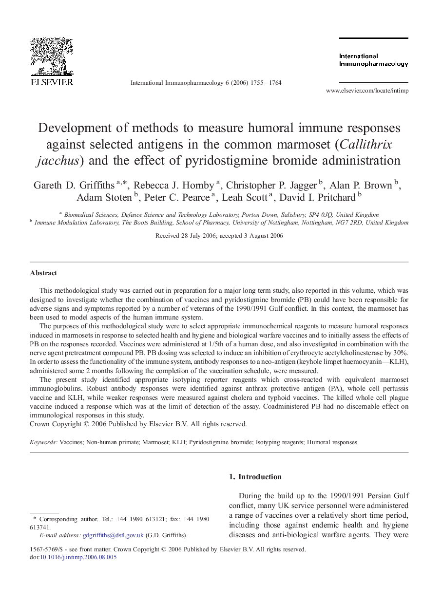 Development of methods to measure humoral immune responses against selected antigens in the common marmoset (Callithrix jacchus) and the effect of pyridostigmine bromide administration