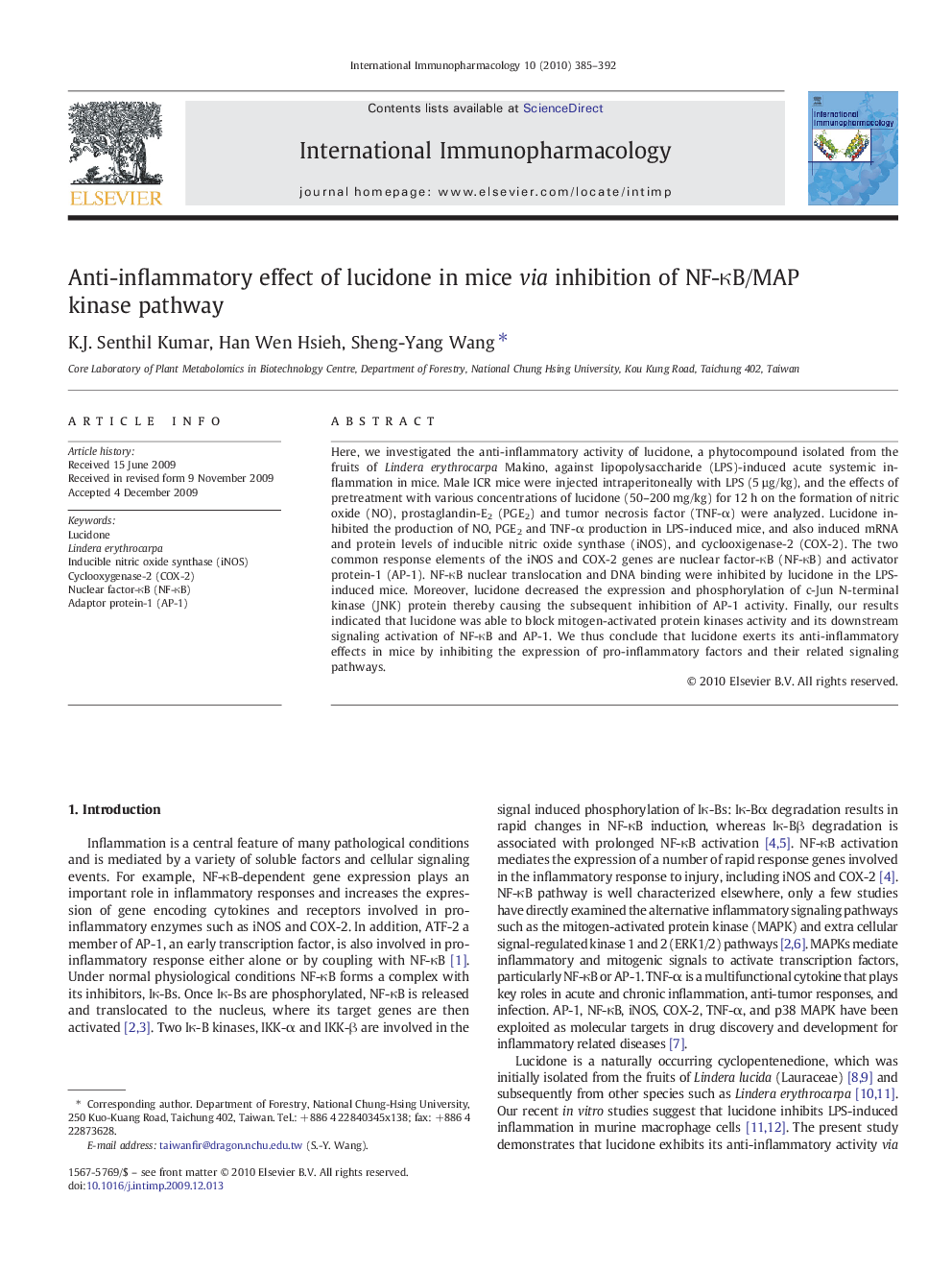 Anti-inflammatory effect of lucidone in mice via inhibition of NF-κB/MAP kinase pathway