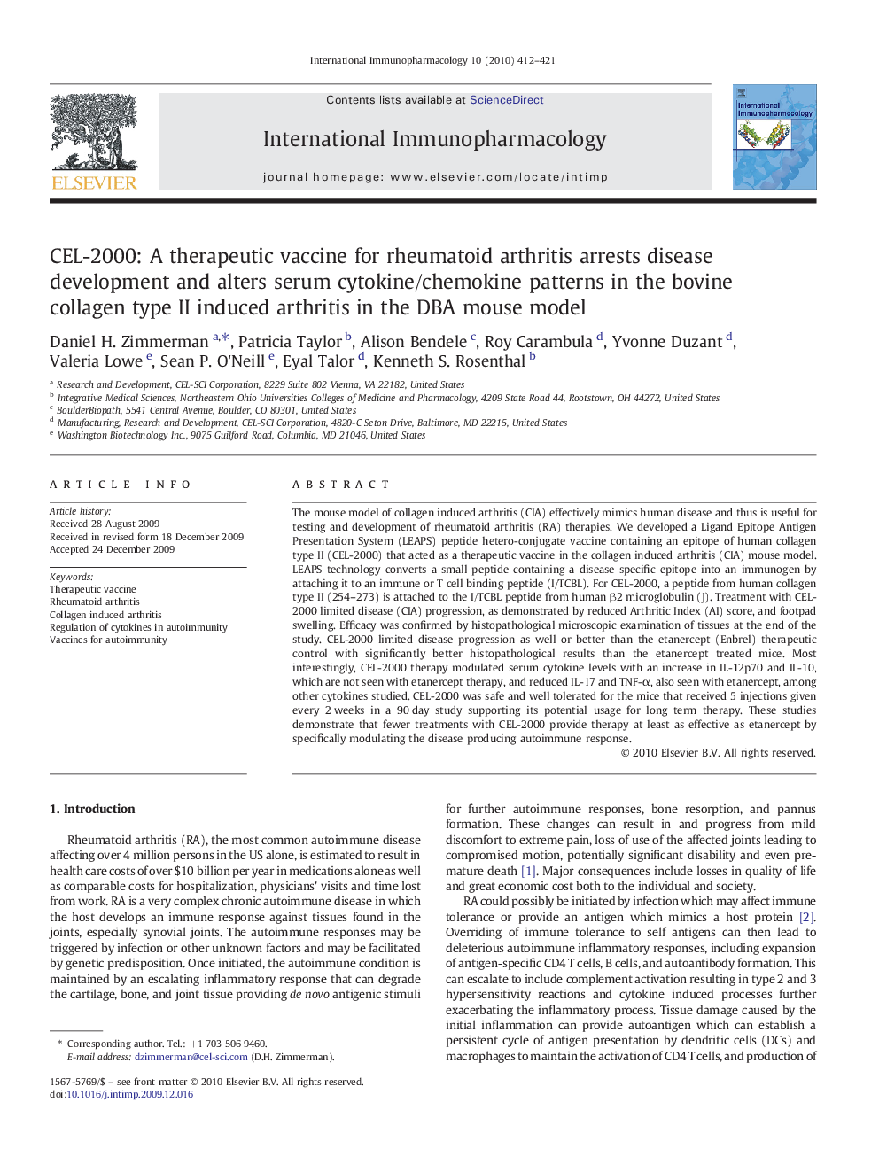 CEL-2000: A therapeutic vaccine for rheumatoid arthritis arrests disease development and alters serum cytokine/chemokine patterns in the bovine collagen type II induced arthritis in the DBA mouse model