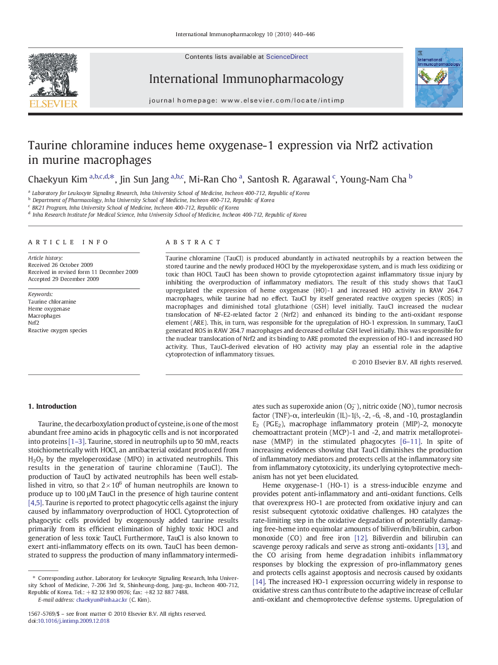 Taurine chloramine induces heme oxygenase-1 expression via Nrf2 activation in murine macrophages