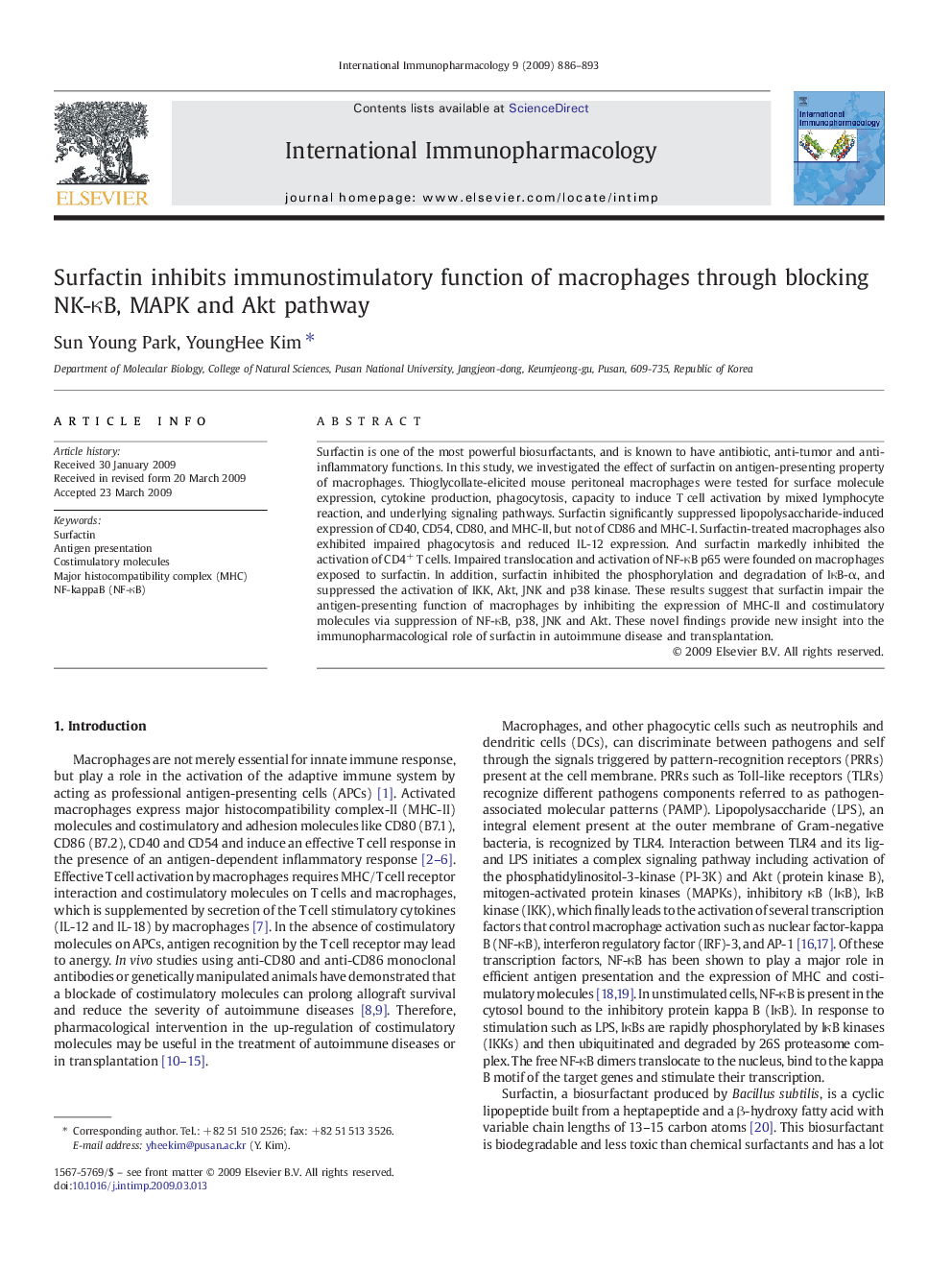 Surfactin inhibits immunostimulatory function of macrophages through blocking NK-κB, MAPK and Akt pathway