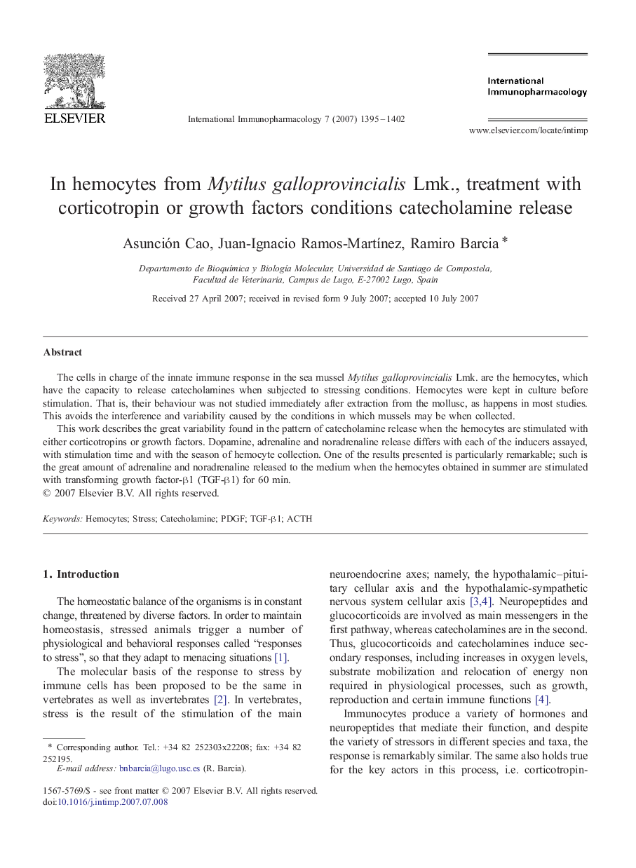 In hemocytes from Mytilus galloprovincialis Lmk., treatment with corticotropin or growth factors conditions catecholamine release