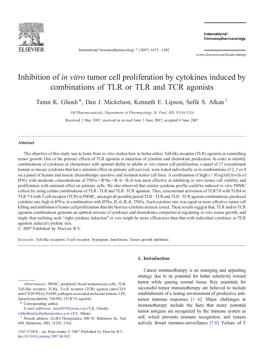 Inhibition of in vitro tumor cell proliferation by cytokines induced by combinations of TLR or TLR and TCR agonists