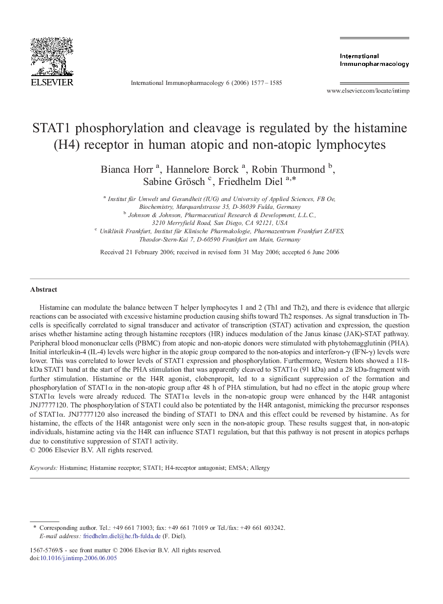 STAT1 phosphorylation and cleavage is regulated by the histamine (H4) receptor in human atopic and non-atopic lymphocytes