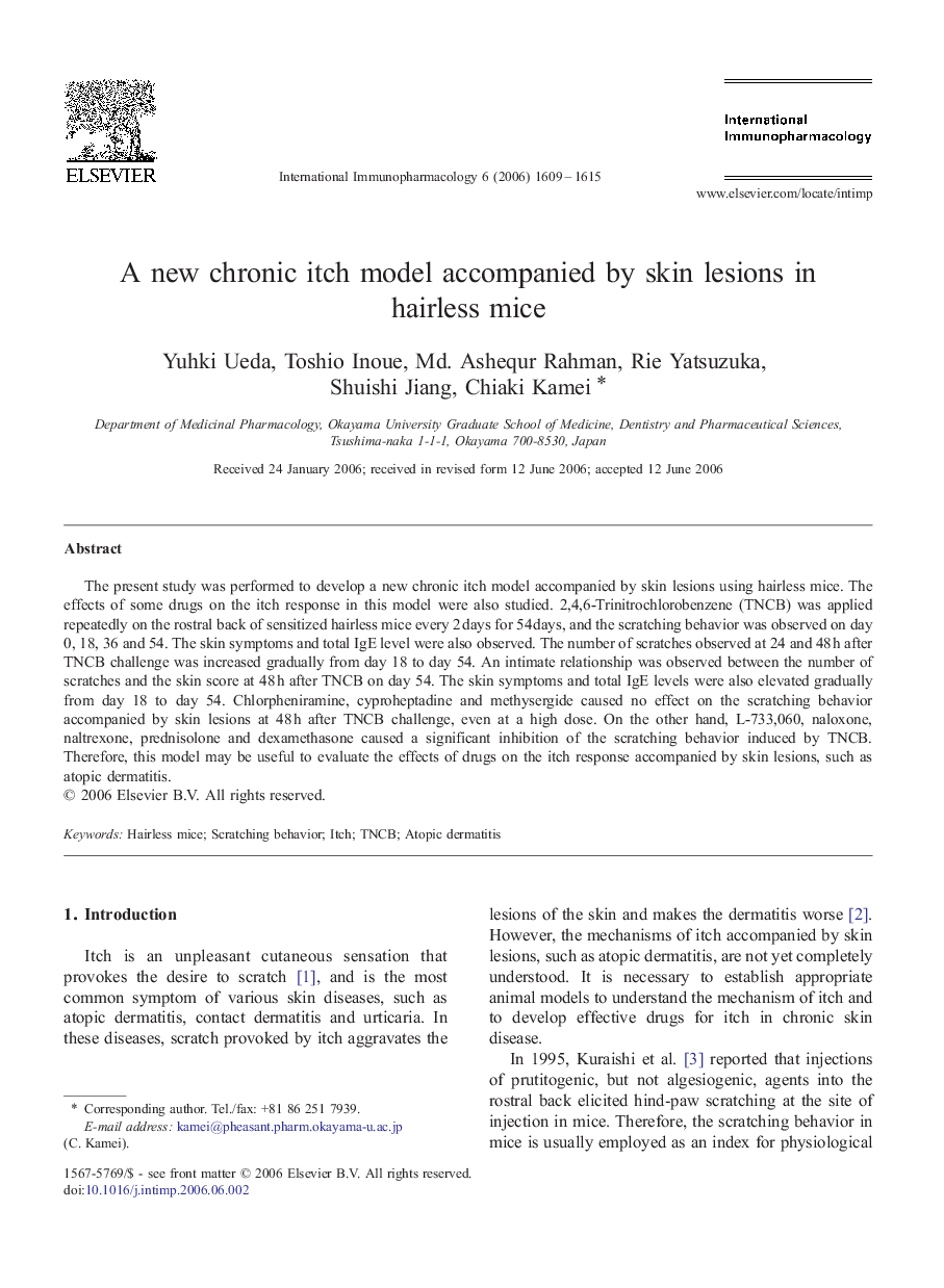 A new chronic itch model accompanied by skin lesions in hairless mice