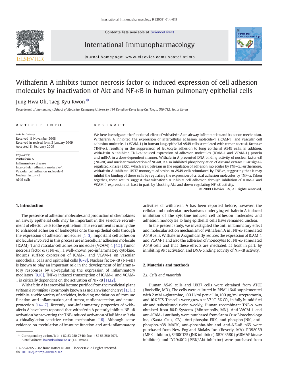 Withaferin A inhibits tumor necrosis factor-α-induced expression of cell adhesion molecules by inactivation of Akt and NF-κB in human pulmonary epithelial cells