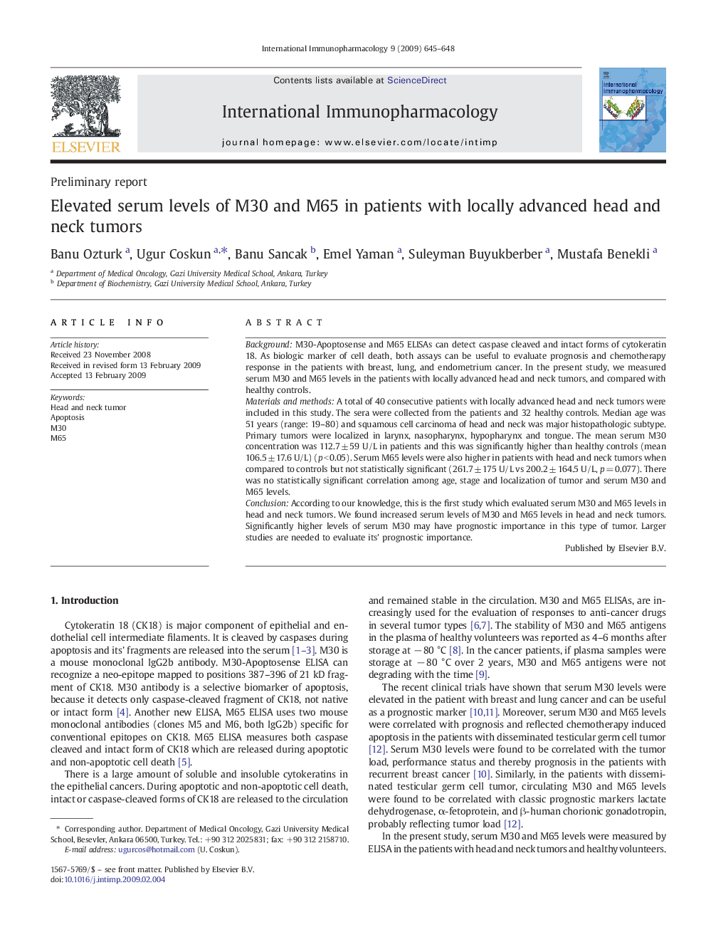 Elevated serum levels of M30 and M65 in patients with locally advanced head and neck tumors