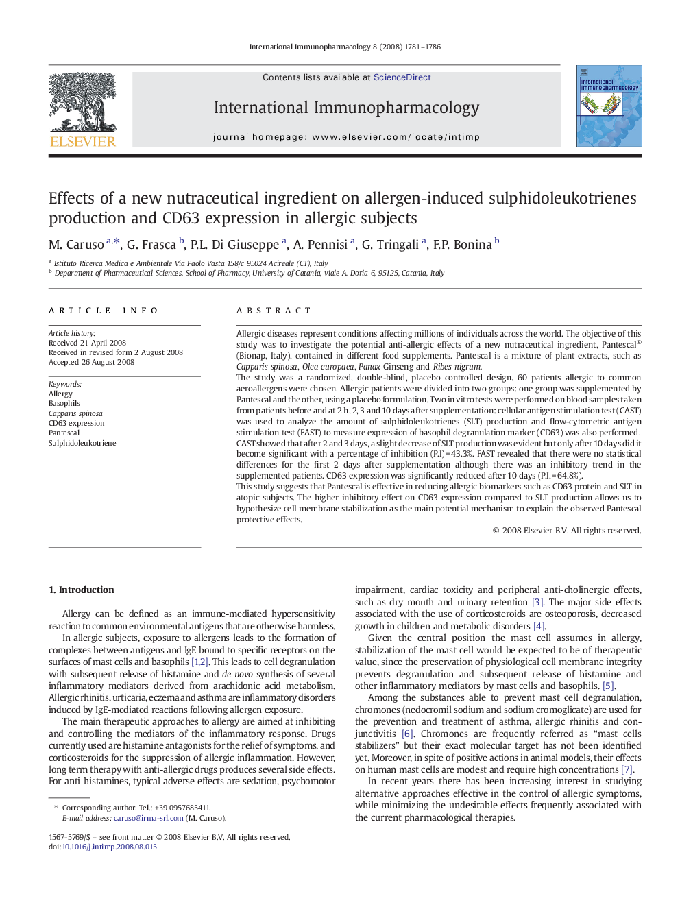 Effects of a new nutraceutical ingredient on allergen-induced sulphidoleukotrienes production and CD63 expression in allergic subjects