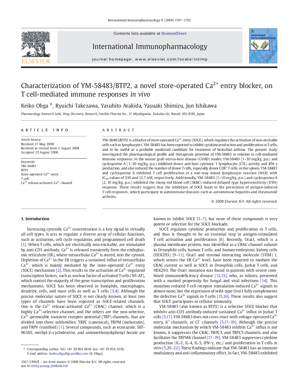 Characterization of YM-58483/BTP2, a novel store-operated Ca2+ entry blocker, on T cell-mediated immune responses in vivo