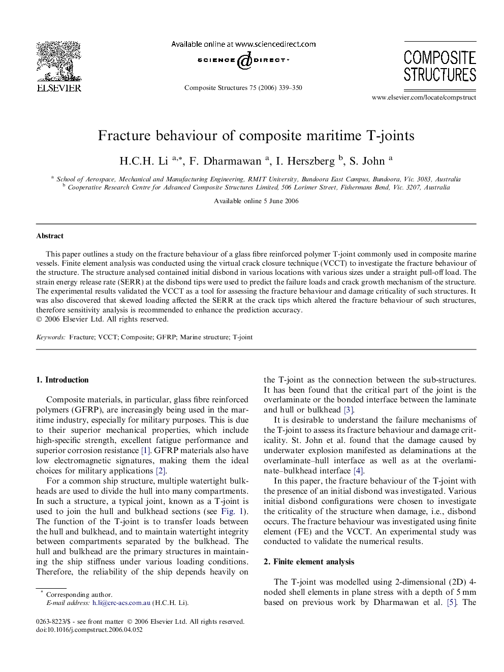 Fracture behaviour of composite maritime T-joints