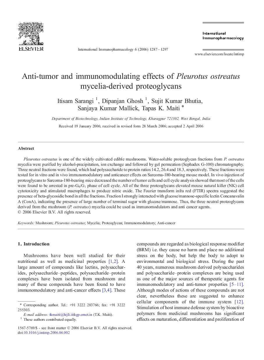 Anti-tumor and immunomodulating effects of Pleurotus ostreatus mycelia-derived proteoglycans