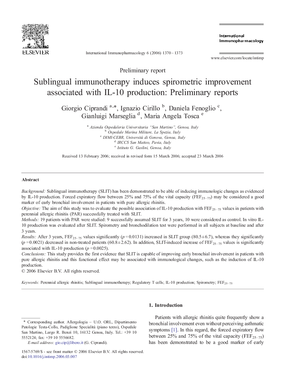 Sublingual immunotherapy induces spirometric improvement associated with IL-10 production: Preliminary reports