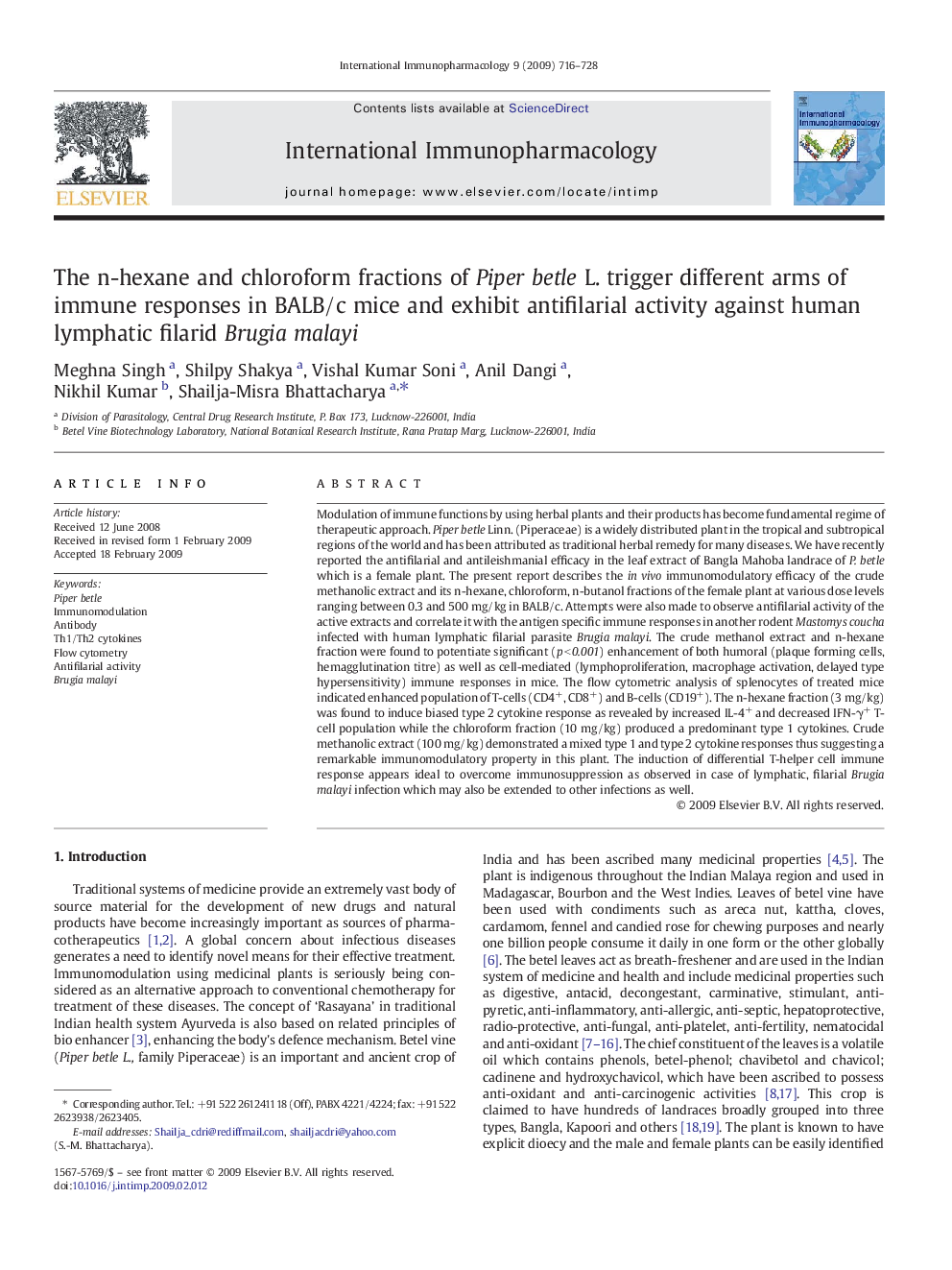 The n-hexane and chloroform fractions of Piper betle L. trigger different arms of immune responses in BALB/c mice and exhibit antifilarial activity against human lymphatic filarid Brugia malayi