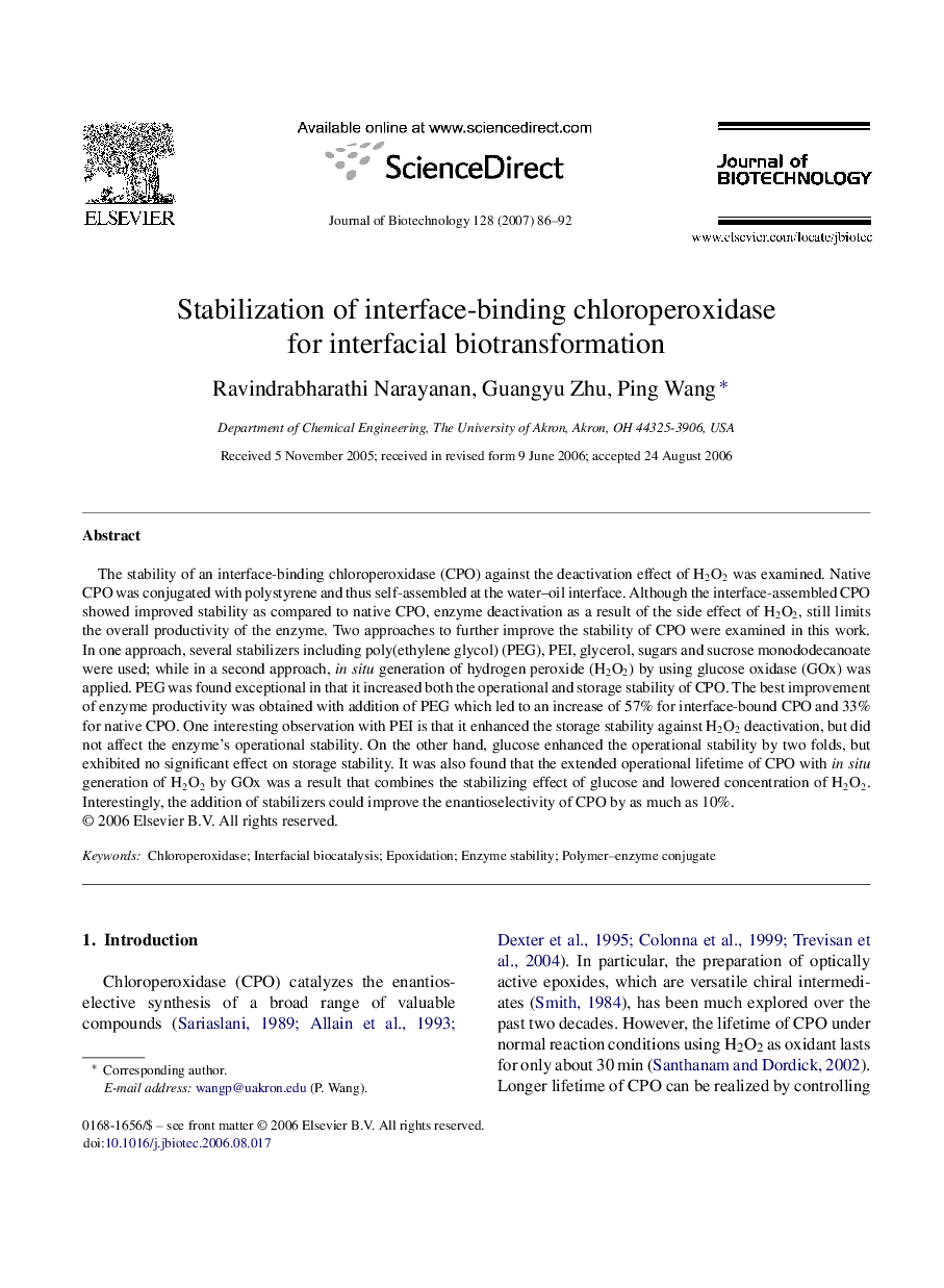 Stabilization of interface-binding chloroperoxidase for interfacial biotransformation