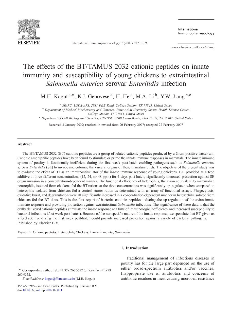 The effects of the BT/TAMUS 2032 cationic peptides on innate immunity and susceptibility of young chickens to extraintestinal Salmonella enterica serovar Enteritidis infection