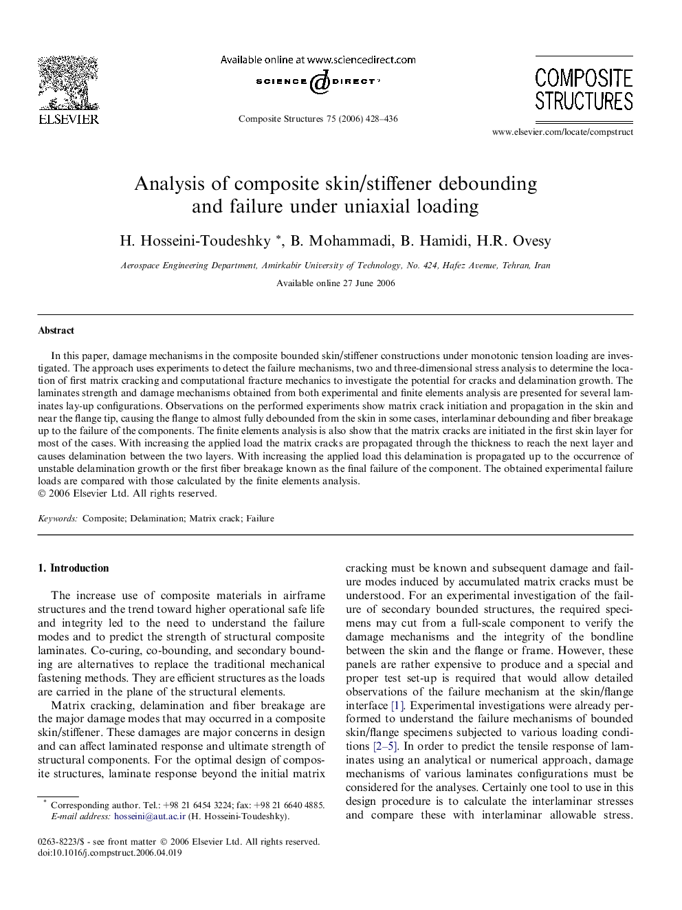 Analysis of composite skin/stiffener debounding and failure under uniaxial loading