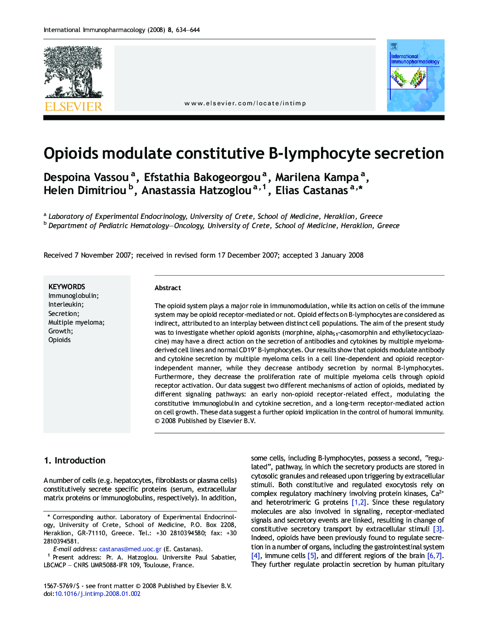 Opioids modulate constitutive B-lymphocyte secretion
