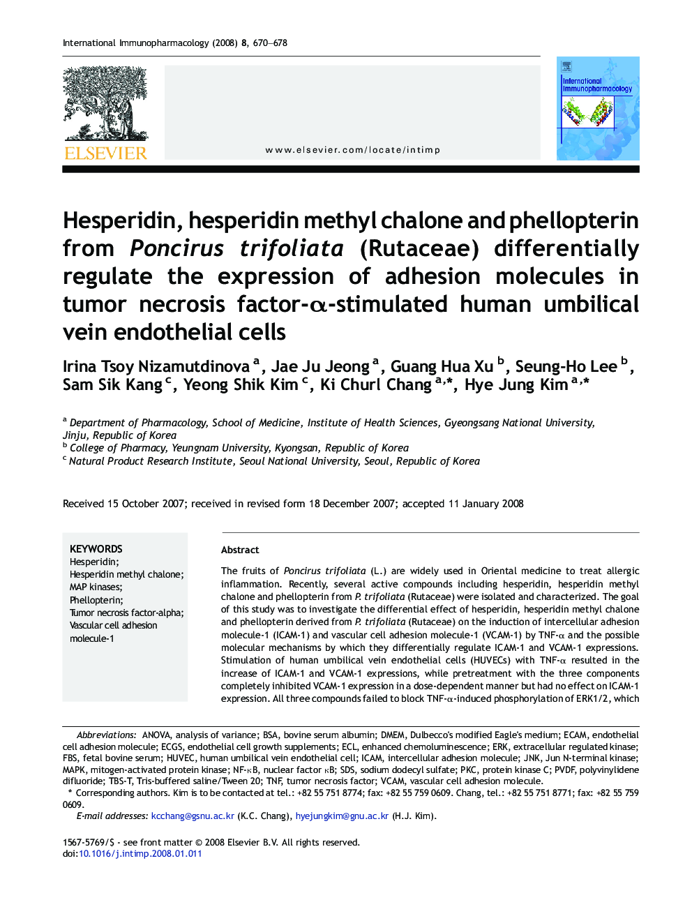 Hesperidin, hesperidin methyl chalone and phellopterin from Poncirus trifoliata (Rutaceae) differentially regulate the expression of adhesion molecules in tumor necrosis factor-α-stimulated human umbilical vein endothelial cells