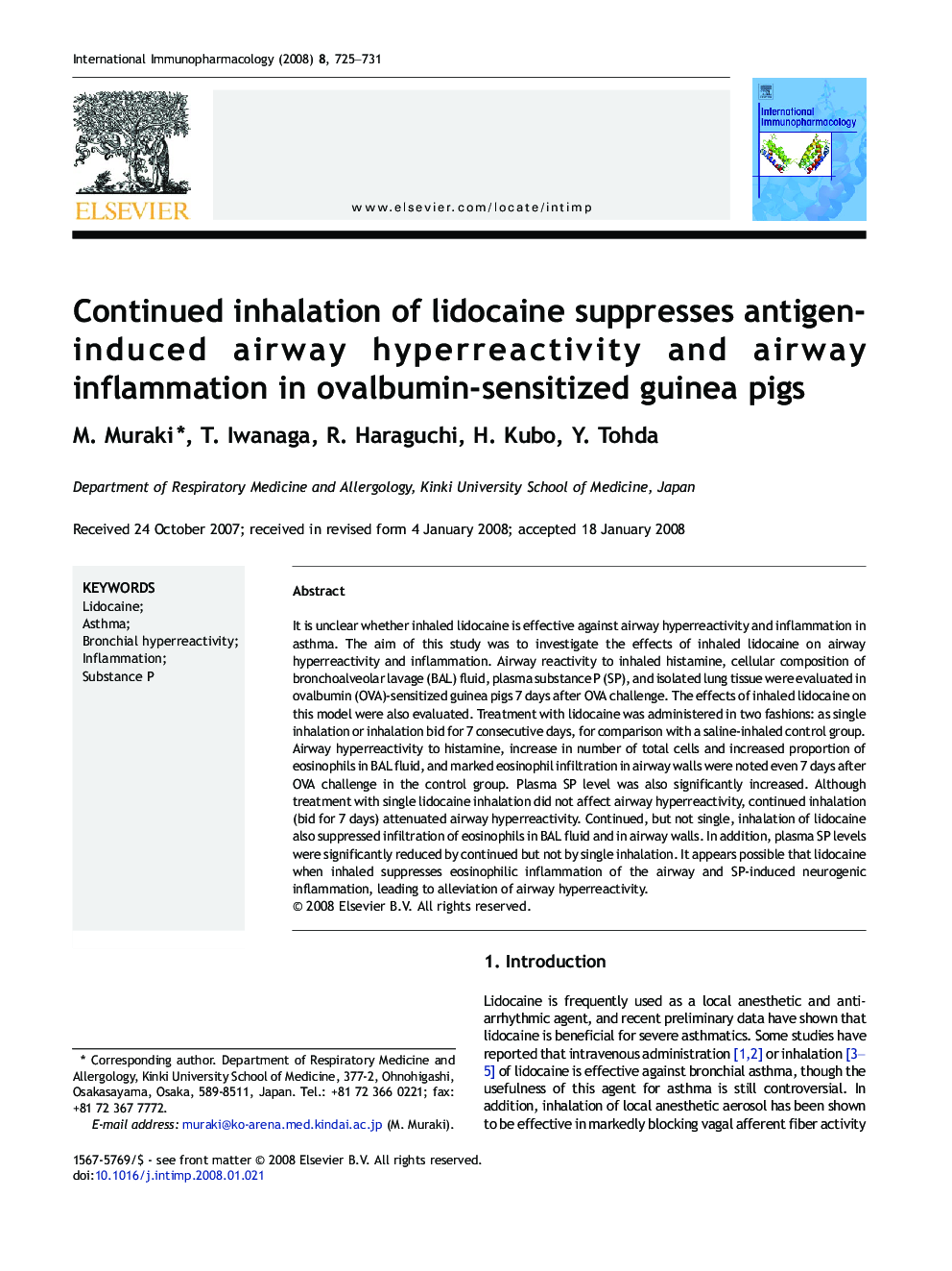 Continued inhalation of lidocaine suppresses antigen-induced airway hyperreactivity and airway inflammation in ovalbumin-sensitized guinea pigs