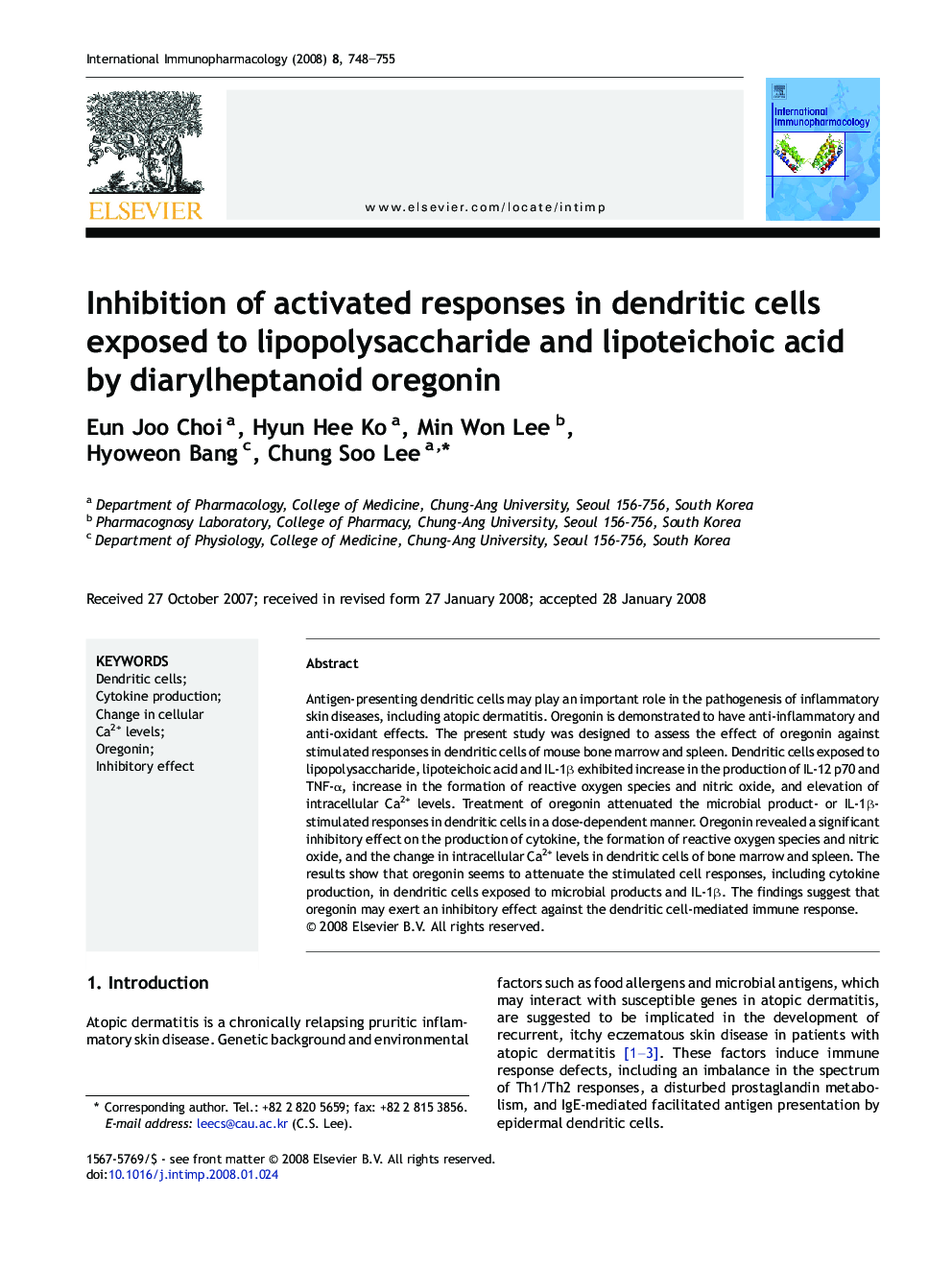 Inhibition of activated responses in dendritic cells exposed to lipopolysaccharide and lipoteichoic acid by diarylheptanoid oregonin
