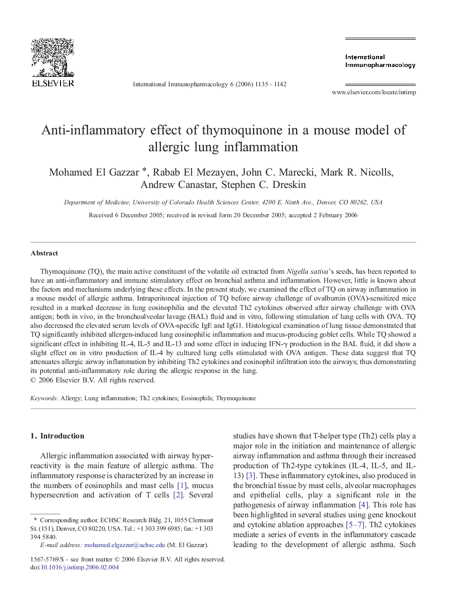 Anti-inflammatory effect of thymoquinone in a mouse model of allergic lung inflammation