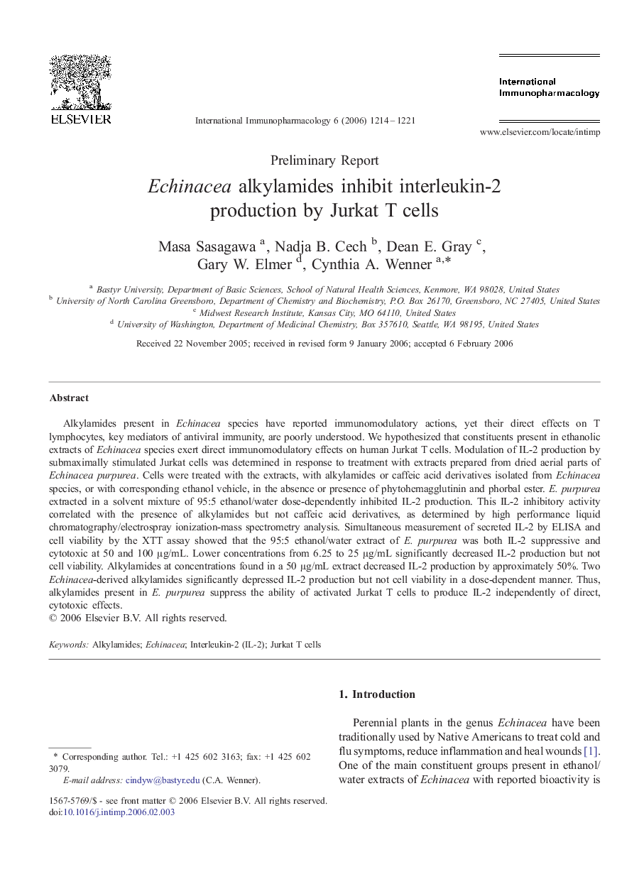 Echinacea alkylamides inhibit interleukin-2 production by Jurkat T cells